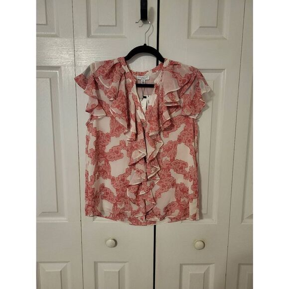 NWT Current Air printed pink/white ruffle blouse - Picture 1 of 5